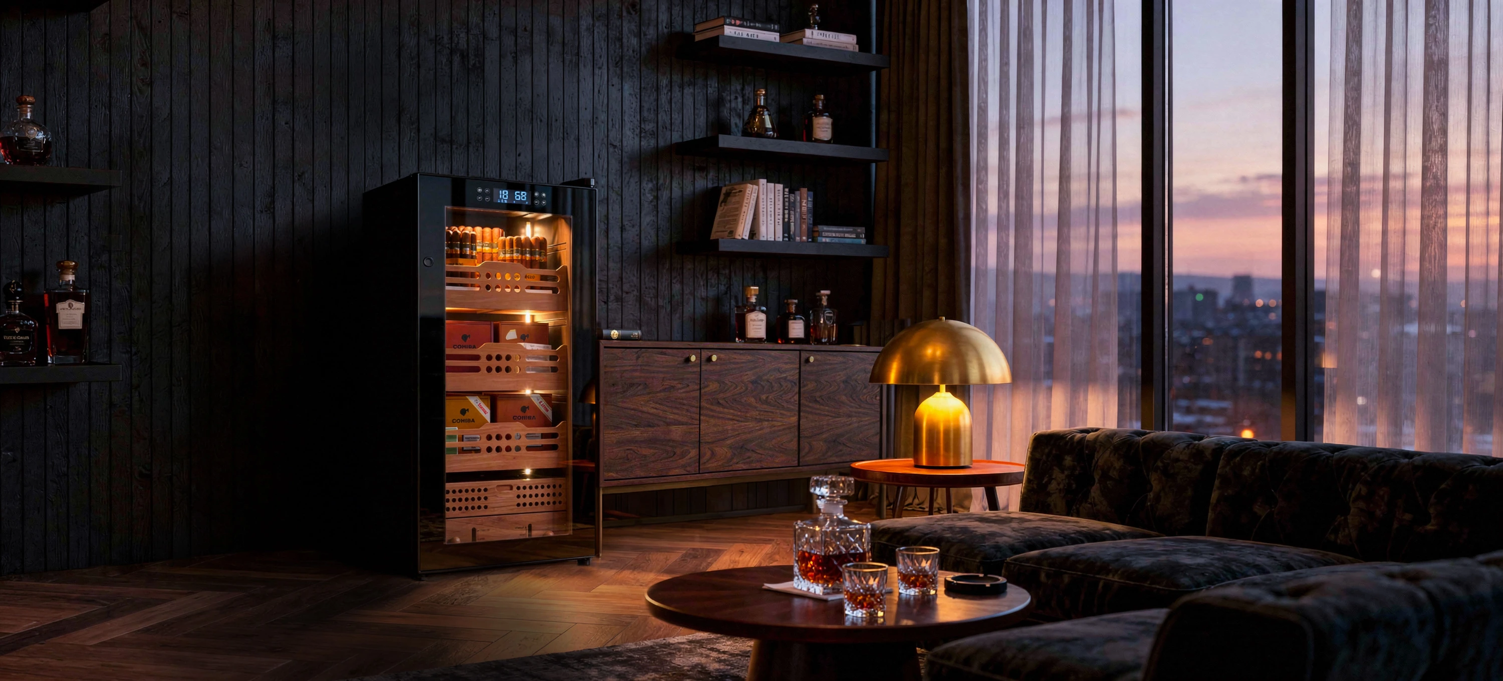 A Holdstrōm humidor in a dusk lounge